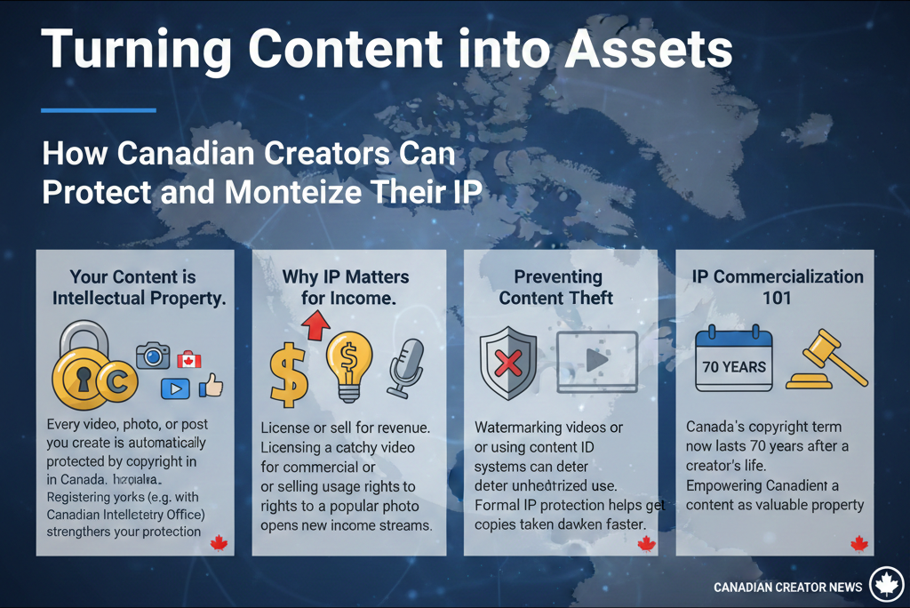 Turning Content into Assets: How Canadian Creators Can Protect and Monetize Their IP Your Content is Intellectual Property: Every video, photo, or post you create is automatically protected by copyright in Canada. By understanding and securing your IP rights, you can monetize your work and maintain control over how it’s used. Taking steps like registering your key works (e.g. with the Canadian Intellectual Property Office) strengthens your protection, making it easier to enforce rights if someone copies your content. Why IP Matters for Income: Intellectual property provides a monopoly over your creations that you can license or sell for revenue. Rather than just chasing views, treating your creations as assets opens up new income streams – for example, licensing a catchy video clip for a commercial or selling usage rights to a popular photo. Proactively protecting your IP (copyrights, trademarks for your brand/channel name, etc.) puts you in the driver’s seat to negotiate deals and profit from your work. Preventing Content Theft: In the digital age it’s easy for others to repost or even plagiarize your work. Simple steps like watermarking videos or using content ID systems (on platforms like YouTube) can deter unauthorized use. If someone does misuse your content, having formal IP protection (like a registered copyright) helps you get infringing copies taken down faster. A strong IP stance signals to brands and collaborators that you take your work seriously – and that they must respect your rights. IP Commercialization 101: This article would educate creators on turning their creativity into a sustainable business. It would cover Canadian-specific tips (like how Canada’s copyright term now lasts 70 years after the creator’s life, aligning with global standards) and resources for legal help. The goal is to empower Canadian creators to see their content as valuable property they can protect and profit from, rather than just disposable posts.